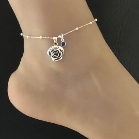 Rose Anklet, Sterling Silver Beaded Ankle Bracelet, Birthstone Ankle Chain - Picture 14 of 16